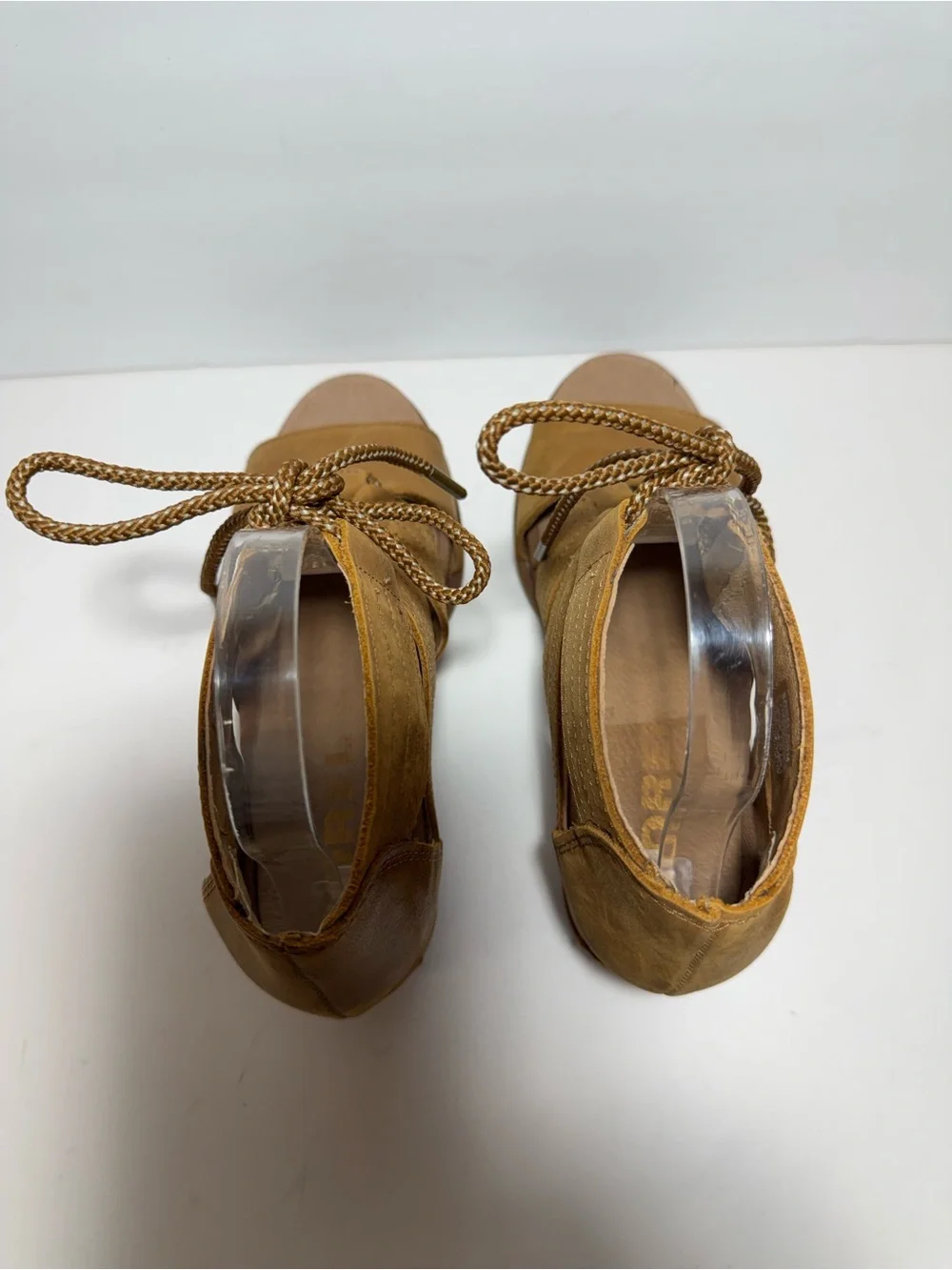 Sorel Tan Leather Joanie Il Lace Up Ankle Wedge Heel Strappy Sandals Size 9